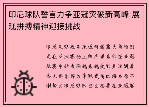 印尼球队誓言力争亚冠突破新高峰 展现拼搏精神迎接挑战