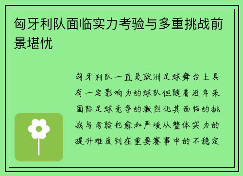 匈牙利队面临实力考验与多重挑战前景堪忧