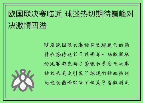 欧国联决赛临近 球迷热切期待巅峰对决激情四溢