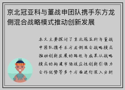 京北冠亚科与董战申团队携手东方龙侧混合战略模式推动创新发展