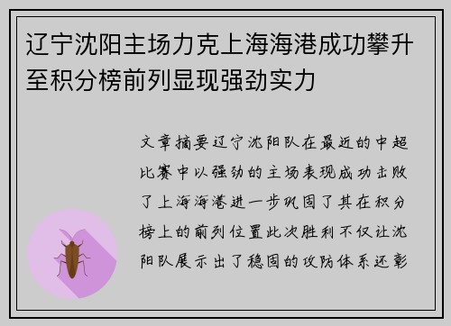 辽宁沈阳主场力克上海海港成功攀升至积分榜前列显现强劲实力